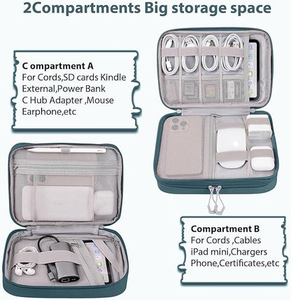 DDgro Electronics Travel Organizer Case for Cables/Cords/Chargers/Tech Essentials, Double Layers (Aqua Blue, PU-Large)
