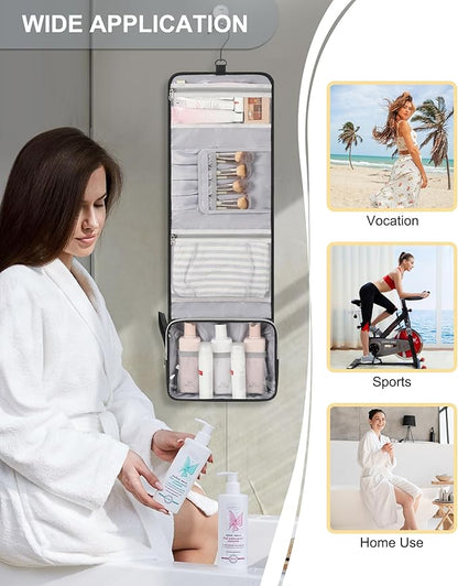 Travel Hanging Toiletry Bag with Makeup Brush Board, Portable Toiletries Bag with Hanging Hook, Water Resistant Wash Bag, Makeup Organizer with Cosmetics for Full Sized Travel Essentials - Black