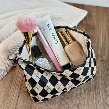 STARDW Parallel Checkered Makeup Bag Cute Cosmetic Bags for Women Girls, Travel Toiletry Bag Large Capacity Zipper Makeup Pouch, Purse Organizer Pouches