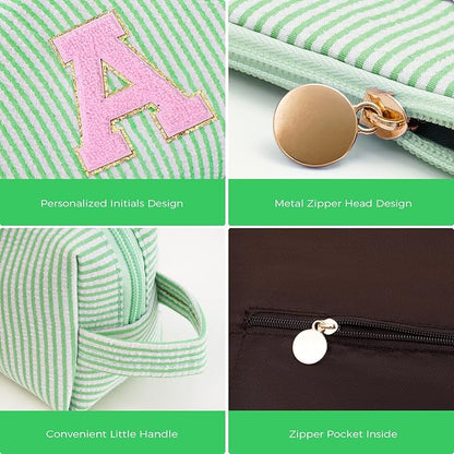 Makeup Bag Set Initials Cosmetic Bag,Gifts for 10 11 12 13 14 15 16 17 18 Years Old Girl Girlfriend Teen Girls Gift Trendy Stuff Personalized Toiletry Bag Travel - Green,A