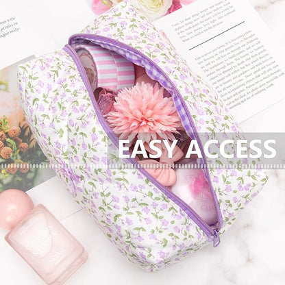 PAZIMIIK Cozy Makeup Bag Travel Cosmetic Bag for Women Soft Toiletry Bag Aesthetic Makeup Organizer Portable Large Zipper Pouch for Skincare Beauty Accessories Brushes Floral Purple