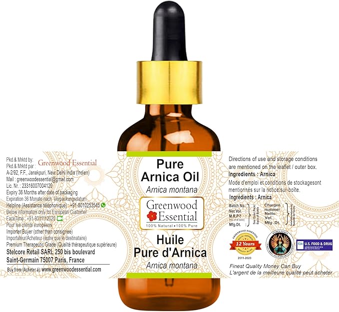 Greenwood Essential Pure Arnica Oil (Arnica montana) with Glass Dropper Premium Therapeutic Grade for Hair, Skin & Aromatherapy 10ml(0.33 oz)