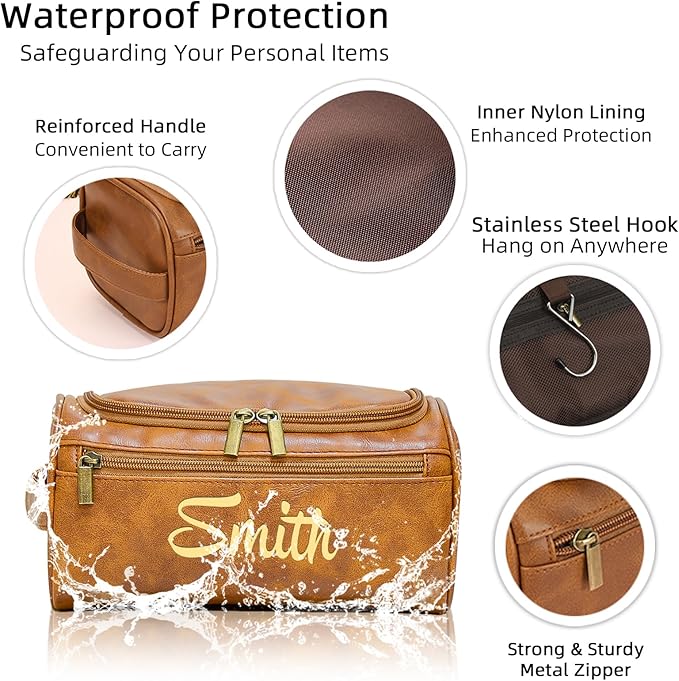 Personalized Toiletry Bag for Men, Engraved Name Initials Toiletry Bag, Customized Monogram Travel Shaving Dopp Kit for Groomsmen, Gift for Christmas, Birthday, Dad, Husband, Grandpa (Light Brown)