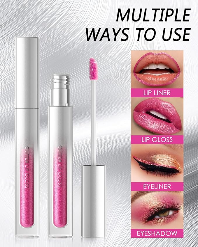 Glitter Sheer Silver Lip Gloss, Matte Metallic Shimmer Non-Stick Lip Gloss,Long-Lasting Waterproof Smudge Proof Liquid Lipstick Lipgloss,Sparkle Diamond Lip Tint Stain, Makeup Gift for Women Girl-06