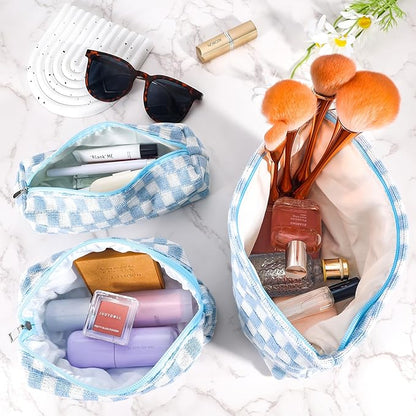 ZLFSRQ 3Pcs Checkered Makeup Bag for Women Large Small Checkered Cosmetic Bag Set Aesthetic Preppy Pencil Case Cute Pencil Pouch Blue Makeup Pouch for Purse Travel Toiletry Bags Zipper Skincare Bags