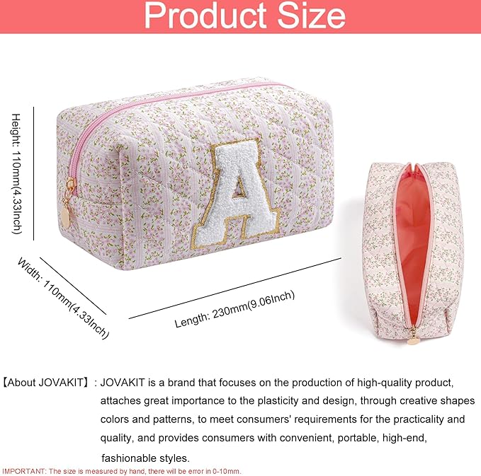 JOVAKIT Makeup Bag Cosmetic Bags for Women, Christmas Gifts for Girls Age 6-18, Alphabet Pink Floral Coquette Zipper Travel Makeup Pouch, Organizer Case Trendy Stuff (Pink+ Blue A)