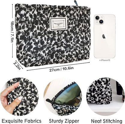STARDW Aesthetic Floral Makeup Bag Cute Small Cosmetic Bags for Women Girls, Travel Toiletry Bag Large Capacity Zipper Makeup Pouch, Purse Organizer Pouches (Black Flowers)
