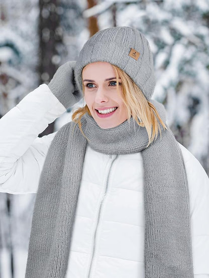 Winter Beanie Hat Scarf Gloves, Warm Fleece Knit Hat Long Scarf Neck Warmer Touch Screen Winter Gloves Set Gifts for Women