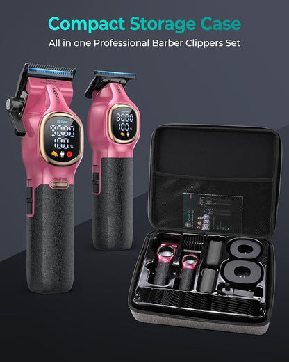Professional Hair Clippers for Men, Professional Barber Clippers and Trimmer Set, Cordless Hair Clippers for Hair Cutting with Package Case, Powerful 9000 PRM Rechargable Electric (Pink)