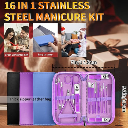 Manicure Set 16 In 1 Professional Stainless Steel Pedicure Kit Toenail Clippers Set Mens Grooming Kit Fingernail Kit for Women with Luxurious Travel Bag, Suitable for Home, Travel, and Salon (Black)