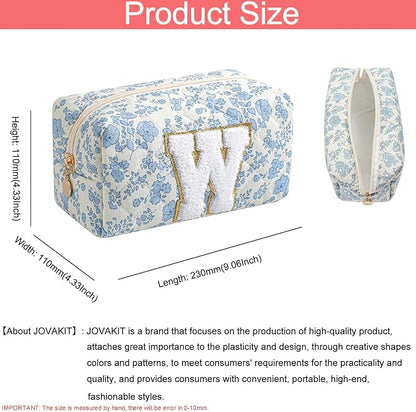 JOVAKIT Alphabet Makeup Bag Cosmetic Bag for Women, Christmas Gifts for Girls Age 6-18, Floral Flowers Coquette Travel Toiletry Zipper Make Up Pouch Organizer Trendy Stuff (Blue Floral W)