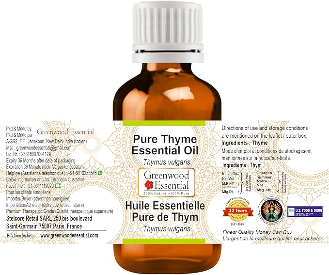 Greenwood Essential Thyme Essential Oil (Thymus vulgaris) Steam Distilled 50ml (1.69 oz)