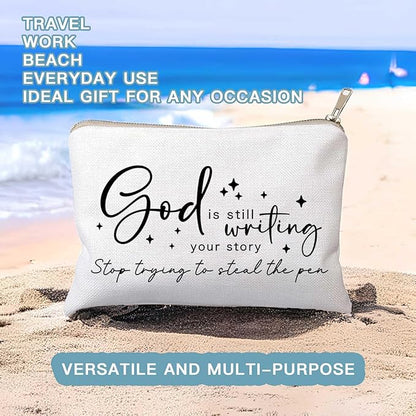 God is Still Writing Your Story Travel Bag Funny Christian Women of the Bible Makeup Bag Bible Quote Christian Quotes Scripture Makeup Pouch Linen Cotton Bag