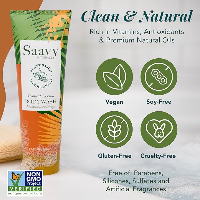 Saavy Naturals Body Wash Tropical Coconut Plant-Based Ingredients| Made In Usa | Sensitive Skin Body Wash, l Organic & Vegan Formula With Coconut Oil, Shea Butter, And Aloe Vera - 8.5 Fl Oz