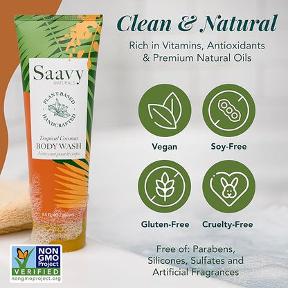Saavy Naturals Body Wash Tropical Coconut Plant-Based Ingredients| Made In Usa | Sensitive Skin Body Wash, l Organic & Vegan Formula With Coconut Oil, Shea Butter, And Aloe Vera - 8.5 Fl Oz