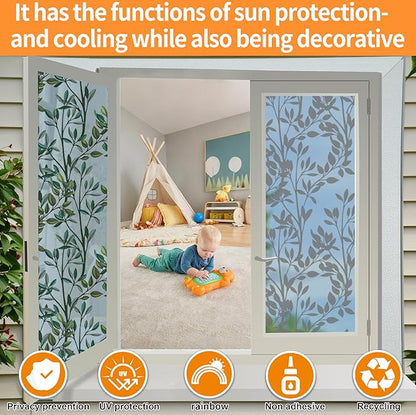 One Way Privacy Film, Window Tint for Home,Daytime Reflective, Anti UV Static Cling Sliding Door Coverings No Glue Garage Solar Paper (Silver-Leaves, 35.4 x 157.4 in)