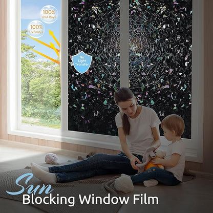 rabbitgoo Window Privacy Film Rainbow Film Decorative Window Sticker, 3D Static Stained Glass Cling Tint for Room Darkening Day Sleep, Black, 35.4 x 157.4 inches
