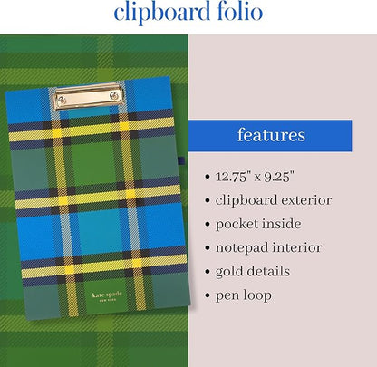 Kate Spade New York Clipboard Folio with Low Profile Clip, Professional Padfolio Includes Lined Notepad, Pen Loop, and Pocket, Grand Plaid Duo