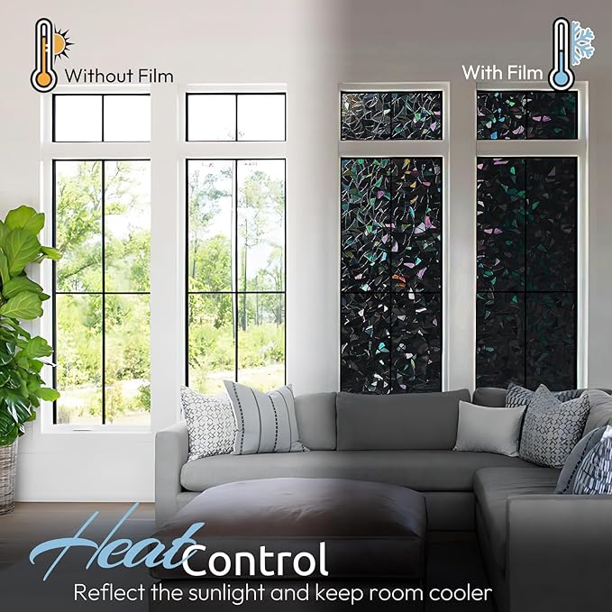 rabbitgoo Window Privacy Film Rainbow Film Decorative Window Sticker, 3D Static Stained Glass Cling Tint for Room Darkening Day Sleep, Black, 23.6 x 118.1 inches