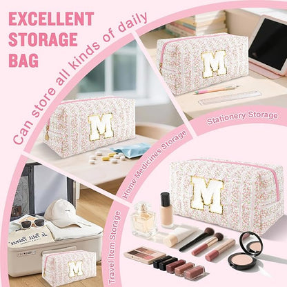 Personalized Quilted Cosmetic Bag, Puffy Monogrammed Christmas Birthday Gifts for Women & Girls, Cute initial Floral Makeup Bag Puffer Coquette Bag, Aesthetic Travel Toiletry Zipper Pouch(Pink,M)