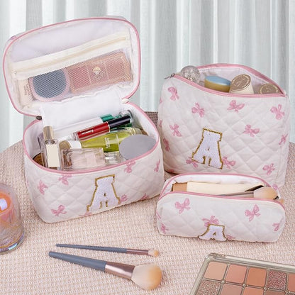 Initial Makeup Bag Set, Personalized Quilted Makeup Bag, Large Floral Cosmetic Bag for Women, Cute Cotton Custom Make up Bags, Flower Travel Toiletry Bag Teen Girl Gift Pink Butterfly M