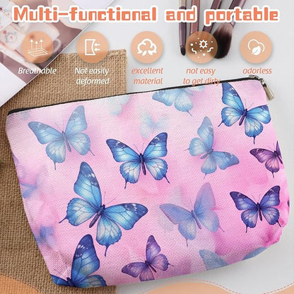 Makeup Bag Travel Cosmetic Bags Small Makeup Case Waterproof Zipper Pouch for Women Girls 7X9inches - Blue And Purple Butterflies on A Pink Background