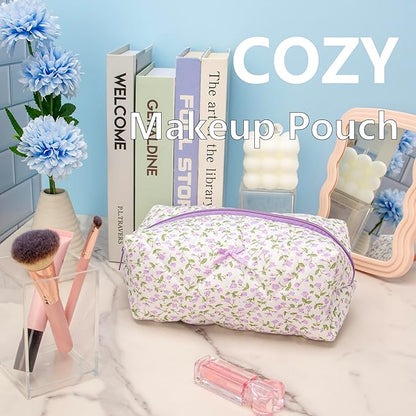 PAZIMIIK Cozy Makeup Bag Travel Cosmetic Bag for Women Soft Toiletry Bag Aesthetic Makeup Organizer Portable Large Zipper Pouch for Skincare Beauty Accessories Brushes Floral Purple