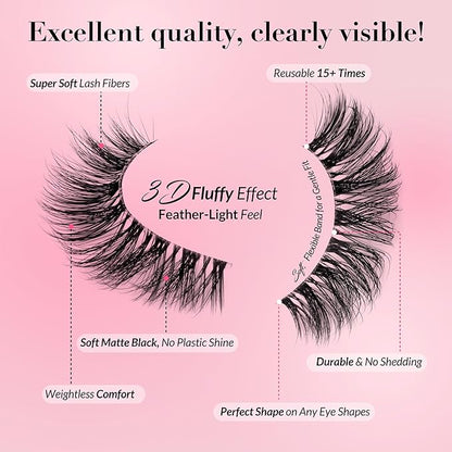 Eyelashes Natural Look False Lashes - Bepholan Fake Eyelashes 5D Super Fluffy False Eyelashes Black Band Wispy Lashes 3-Pack Faux Mink Lashes(XMZ91)