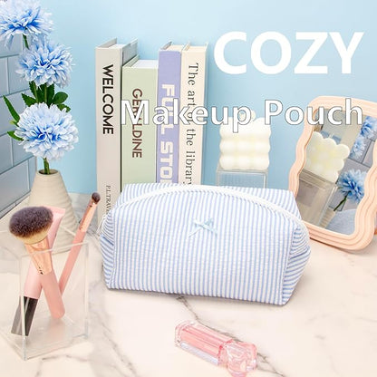 PAZIMIIK 2PCS Cozy Makeup Bag Travel Cosmetic Bag for Women Soft Toiletry Bag Aesthetic Makeup Organizer Portable Large Zipper Pouch for Skincare Beauty Accessories Brushes Stripe Blue