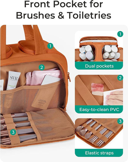BAGSMART Travel Toiletry Bag, Puffy Toiletry Bag for Women, Wide-open toiletry bags for traveling, Large Travel Cosmetic Makeup Bag Organizer for Accessories,Toiletrie (Sandstore Brown)