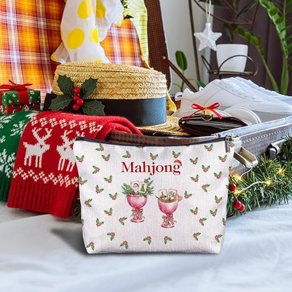 Christmas Mahjong Cocktail Makeup Bag, Mahjong Lover Player Gifts Cosmetic Bags for Women, Gifts for Cocktail Lovers, Christmas Holly Berry Mah Jong Makeup Zipper Pouch