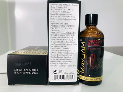 MAYJAM 100ML/3.38FL.OZ Dragons Blood Fragrance Oils with Glass Dropper, Essential Oils for Diffusers for Home, Long Lasting Scented Oils for Diffusers Soap Candle Making
