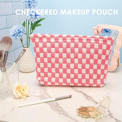 Knitted Checkered Makeup Bag Large Zipper Make Up Accessory Pouch for Purse Cosmetic Brush Bag for Travel Essential Pink White