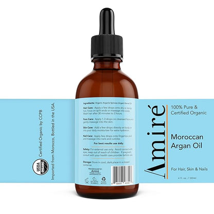 USDA Certified Organic Argan Oil 4oz, Triple Extra Virgin Grade Moroccan Argan Oil for Hair Growth. Skin, Face, & Nails. Moisturizer. Scalp Treatment Hair Oil for Dry, Damaged, Brittle Hair.
