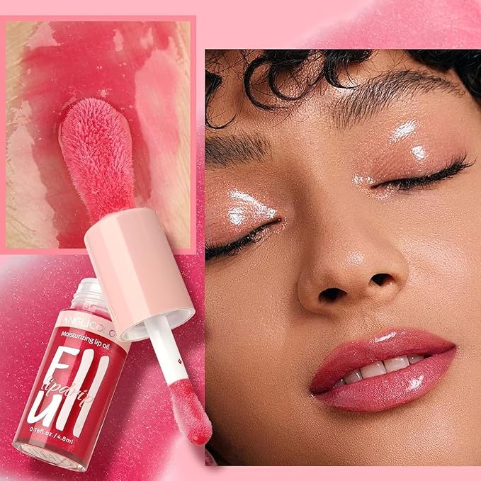 Anglicolor 2PC Lip Oil and Metallic Glitter Pink Lipstick,Natural Lip Plumper,Fruit Flavoured Lip Oil,For Dry Lip's Moisturizing Hydrating,Vegan & Cruelty-free (13 Artemis+15)