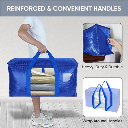 BALEINE 4-Pack Oversized Moving Bags with Reinforced Handles, Heavy-Duty Storage Tote Moving Supplies for Packaging, Camping (Blue w/Window, 4-Pack)