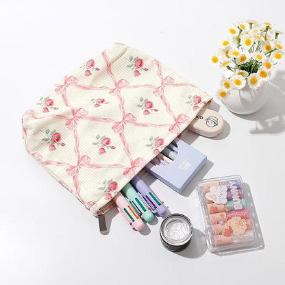 Cosmetic Bags for Women - Corduroy Cosmetic Bag Aesthetic Women Handbags Purses Smile Dots Makeup Organizer Storage Makeup Bag Girls Case Bags (Flowers-Apis)