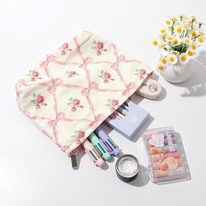 Cosmetic Bags for Women - Corduroy Cosmetic Bag Aesthetic Women Handbags Purses Smile Dots Makeup Organizer Storage Makeup Bag Girls Case Bags (Flowers-Beige strawberry)