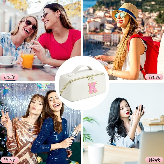 for Christmas Day Gifts, Makeup Bag for Women, PU Leather Travel Toiletry Bags, Initial Make Up Cosmetic Pouch for Teen Girls, Wide Open Portable Skincare Bag, Personalized Birthday Gifts, White K