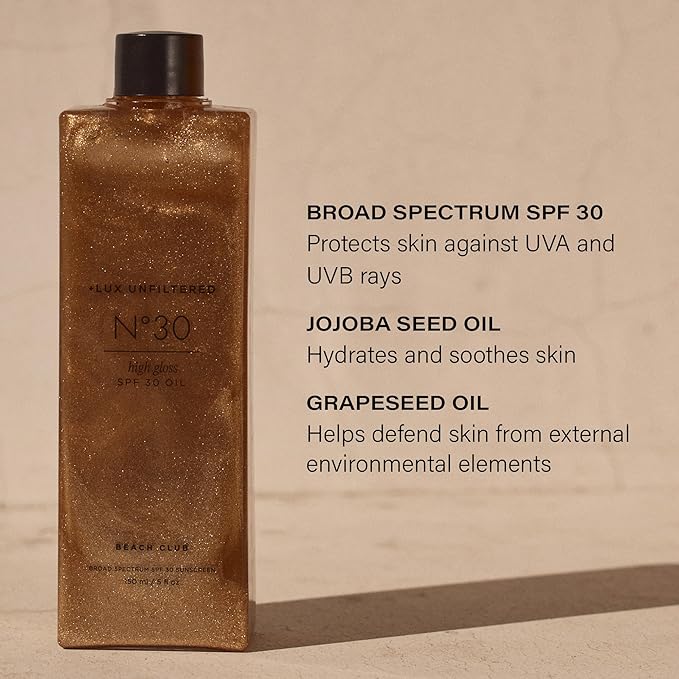 + Lux Unfiltered N°30 Shimmer Body Oil with SPF 30 - Hydrating & Nourishing High Gloss Tanning Oil, Instant Bronze Shimmer Sunscreen - Oxybenzone Free - Broad Spectrum Sunscreen SPF 30