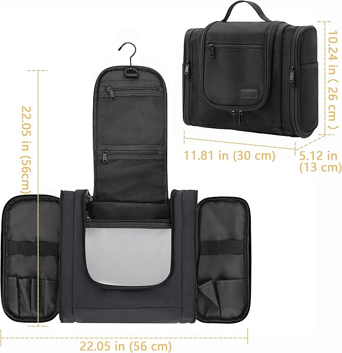 Hanging Toiletry Bag for Men and Women, Travel Makeup with Metal Swivel Hook, Large Organizer for Full Sized Cosmetics and Toiletries, Water-Resistant Nylon, Black