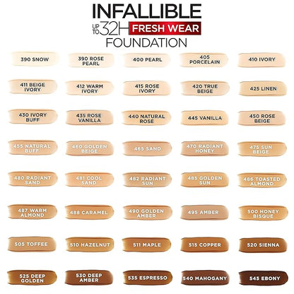 L'Oreal Paris Makeup Infallible Up to 32 Hour Fresh Wear Lightweight Foundation, 500 Honey Bisque, 1 Fl Oz, Packaging May Vary