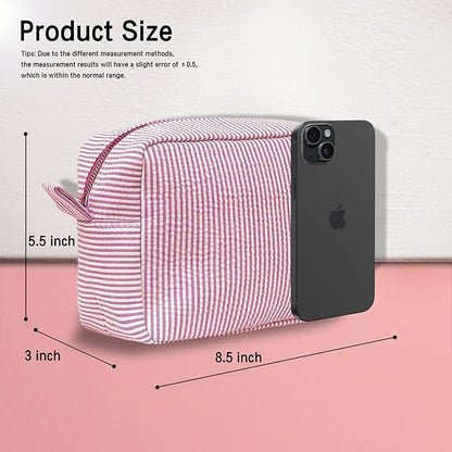 MT WORLD Personalized Makeup Bag Cute Cotton Cosmetic Bag for Women Seersucker Bridesmaid Travel Makeup Bag for Girls Aesthetic Toiletry Bag Organizer Storage Pouch (Red)