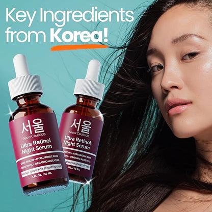 SeoulCeuticals 1% Korean Retinol Night Serum for Face - 97.5% Snail Mucin + Hyaluronic Acid + Bakuchiol, Cruelty Free K Beauty for Sensitive Skin 1oz