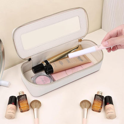 Pinkmik Clear Makeup Bag with Brush Bag Portable Cosmetic Bag Case Travel Toiletry Bag Car Essential for Women (Beige, L+SLIM)