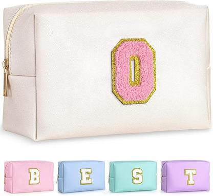 TOPEAST Small Makeup Bag Initial Cosmetic Bag Travel Toiletry Bag, Personalized Birthday Gift for Mom Sister Friends Teacher Nurse, Preppy Travel Stuff for Girls (Pearly White O)