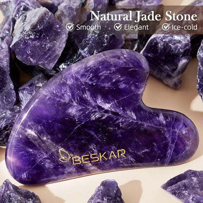 BESKAR Gua Sha Facial Tools, Natural Jade Stone Guasha Massager for Jawline Sculpting, Tighten Face Skin and Reduce Wrinkles, Face Eyes Body Neck Massage Tool, Skin Care Gift