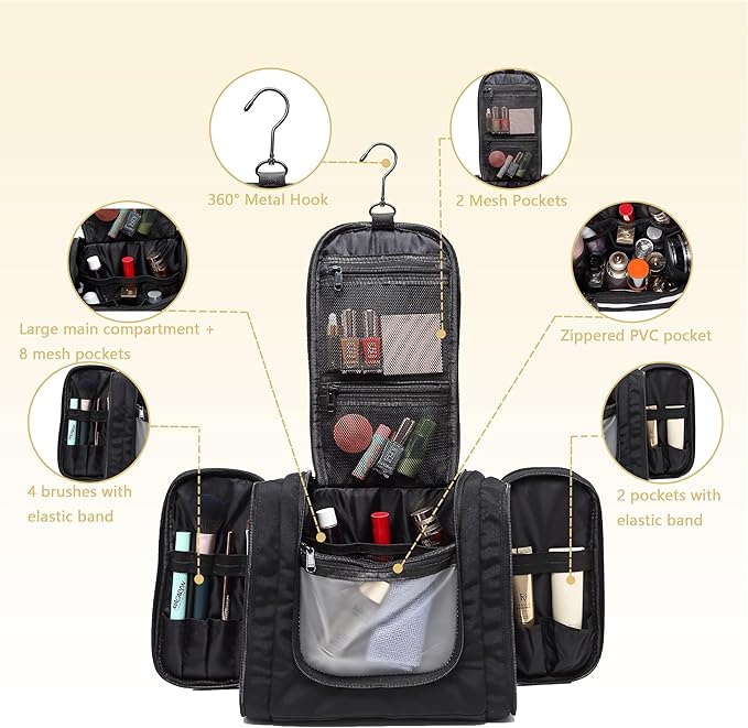 Hanging Toiletry Bag for Men and Women, Travel Makeup with Metal Swivel Hook, Large Organizer for Full Sized Cosmetics and Toiletries, Water-Resistant Nylon, Black