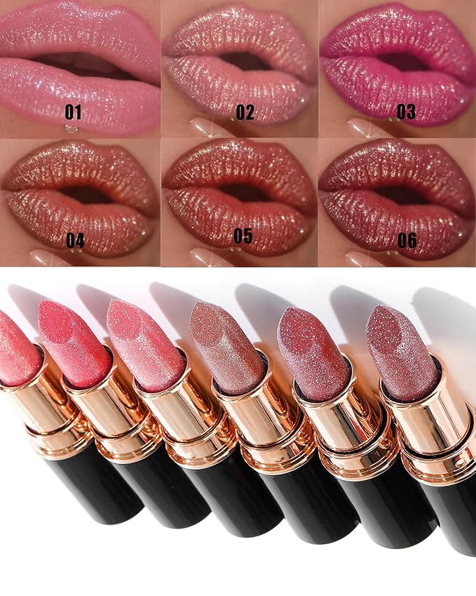 Rose Red Metallic Glitter Lipstick Long Lasting,Diamond Nude Shimmer Lip Gloss High Pigmented Matte Liquid Lip Stick for Women,Sparkling Shiny Transfer Proof Non Stick Tinted Lip Color Balm Makeup-06