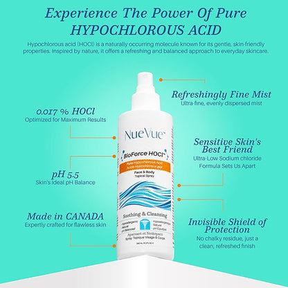 BioForce Pure Hypochlorous Acid Spray for Face & Body - Made in Canada - Gentle Skin Cleanser & Toner, Acne-Prone Skin, Eczema, Piercing aftercare, pH Balanced, Alcohol-Free, NueVue (2-Pack x 8.2oz)